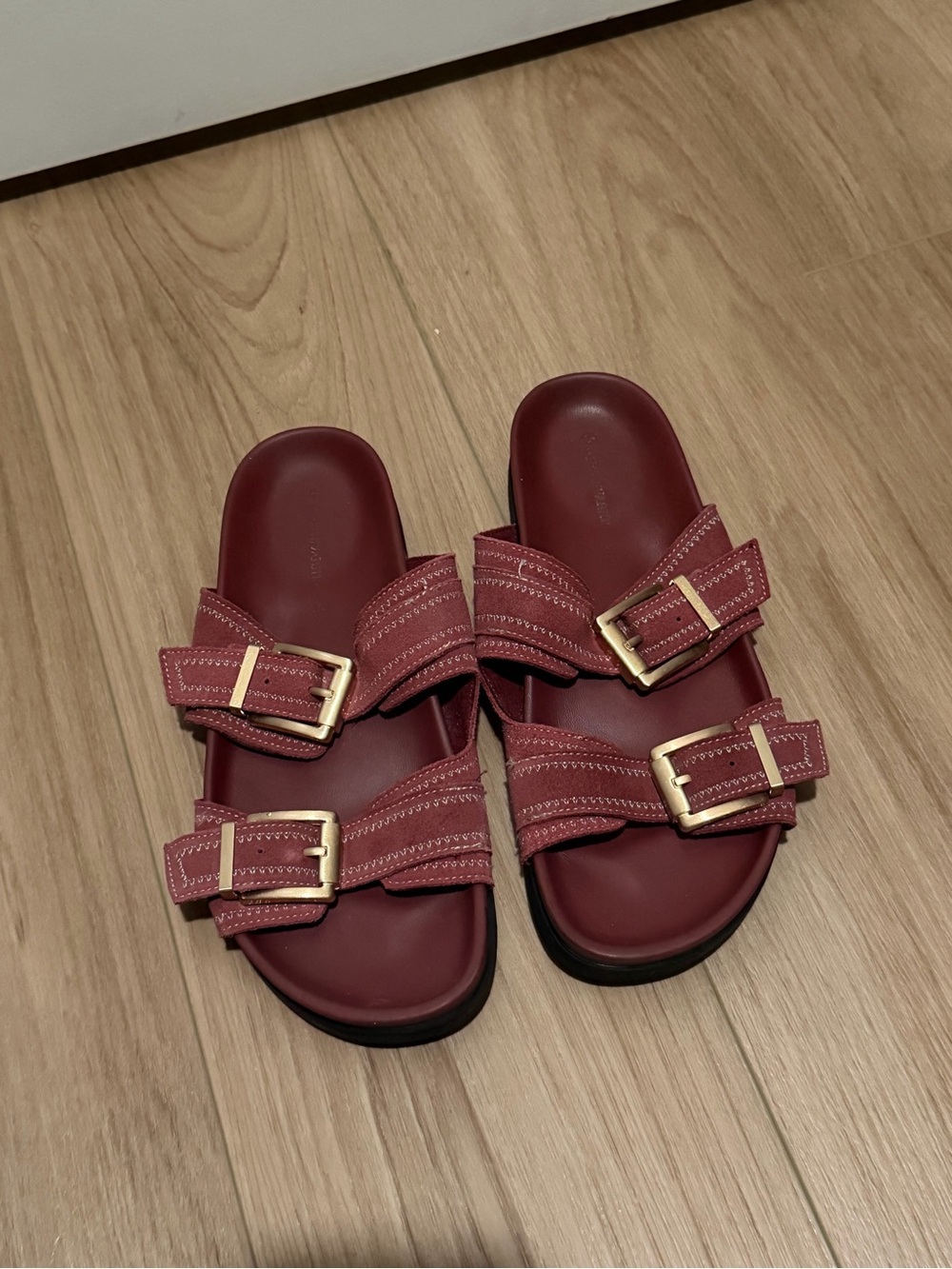 stradivarius Burgundy Double Buckle Slide Sandals